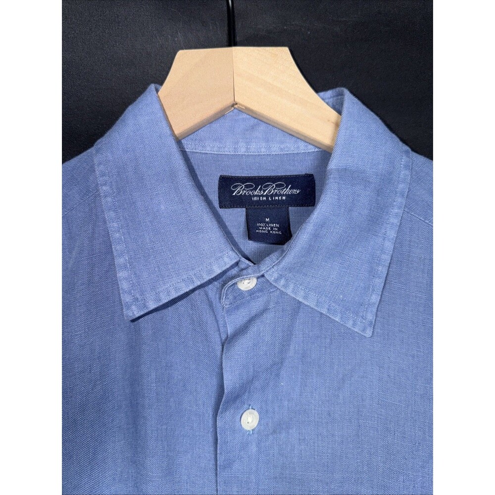 BROOKS BROTHERS 100% IRISH LINEN Mens Medium Blue Short Sleeve Button Down Shirt
